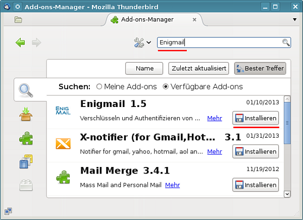 Enigmail installieren