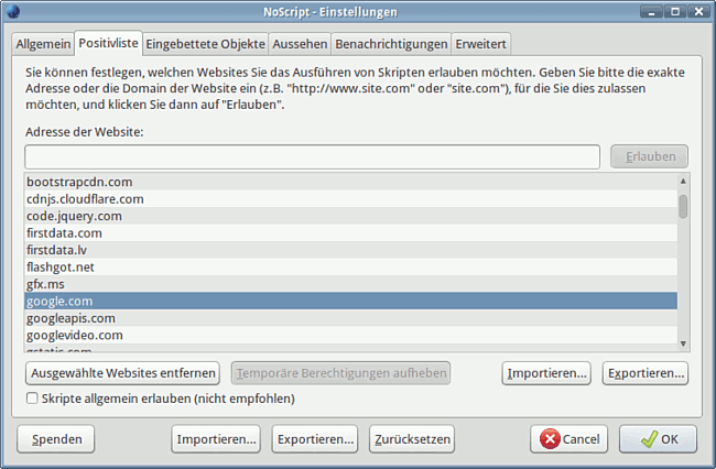 Einstellungen für NoScript
