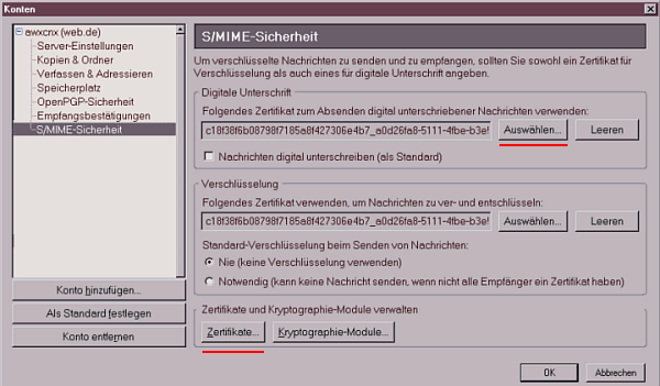S/MIME Einstellungen in Thunderbird